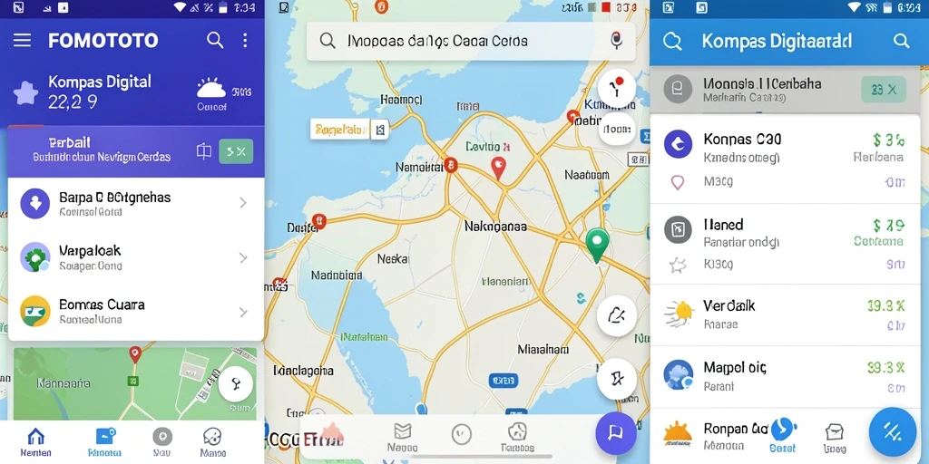 Tampilan antarmuka aplikasi FOMOTOTO untuk navigasi kompas digital.