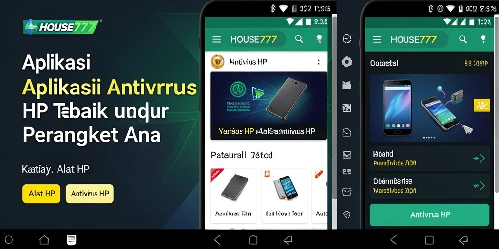 Tampilan antarmuka utama aplikasi HOUSE777 dengan fitur antivirus yang intuitif.